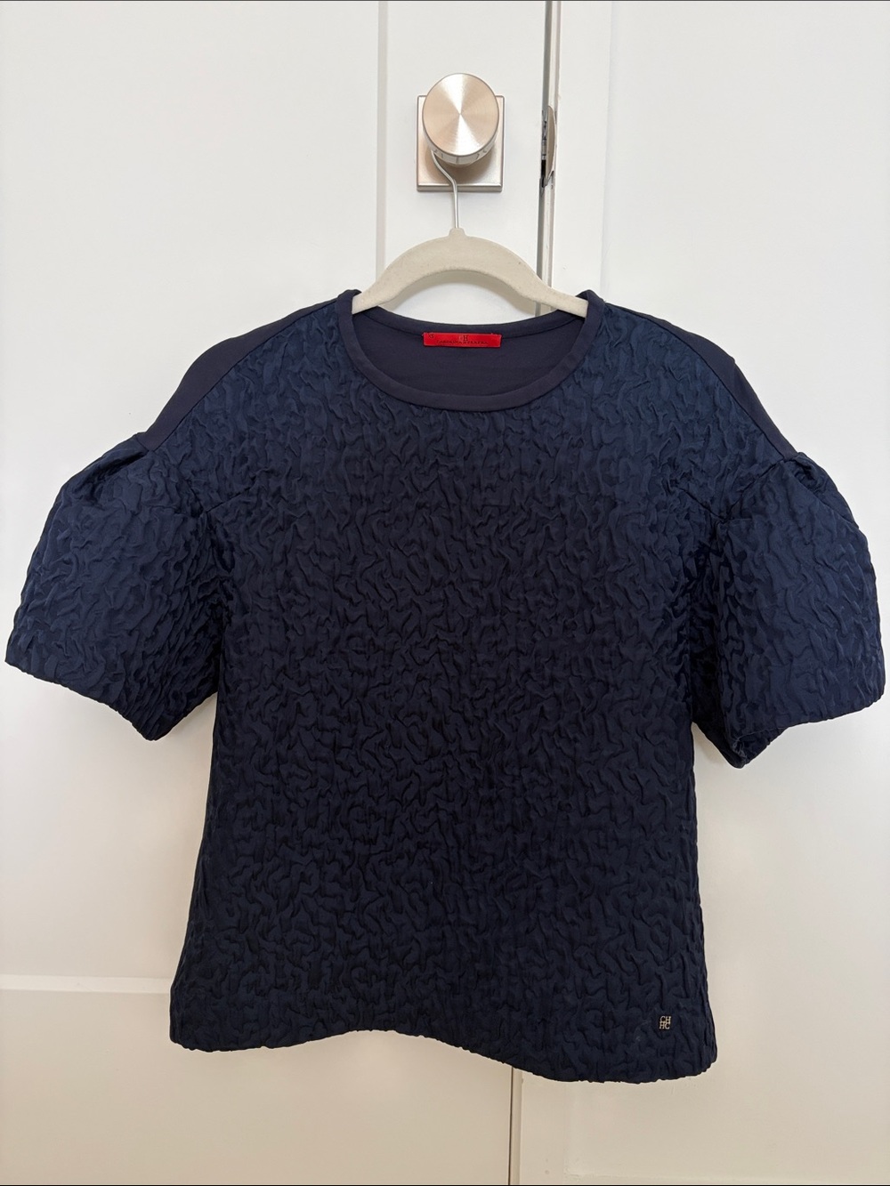 Carolina Herrera Navy Textured Short Puff Sleeve Top